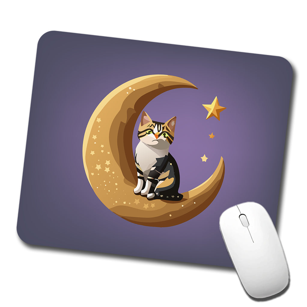Cat on Crescent Moon Stars Cute Low Profile Mouse Pad Mat