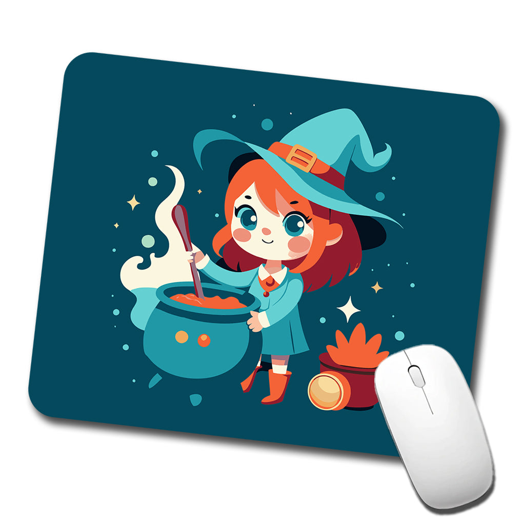 Cute Witch Stirring Cauldron Halloween Low Profile Mouse Pad Mat