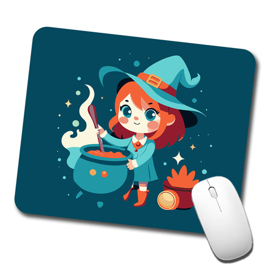 Cute Witch Stirring Cauldron Halloween Low Profile Mouse Pad Mat