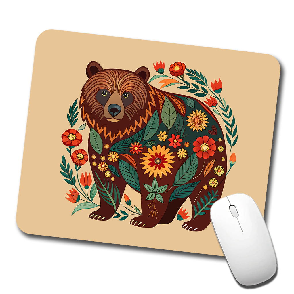 Grizzly Bear Floral Motif Low Profile Mouse Pad Mat