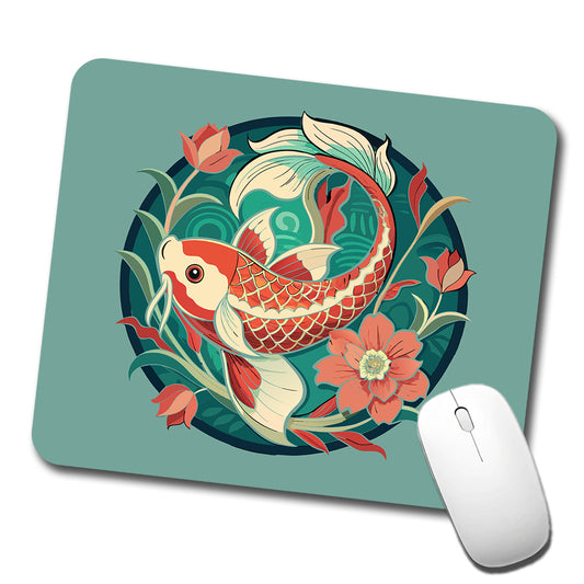 Koi Fish Floral Art Nouveau Flowers Elegant Low Profile Mouse Pad Mat