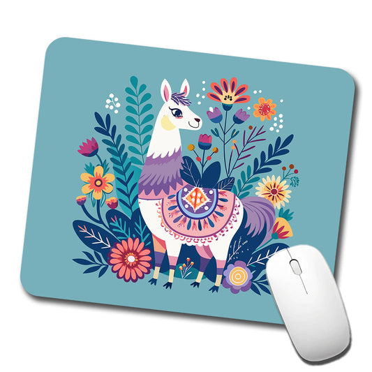 Llama Alpaca Floral Flowers Low Profile Mouse Pad Mat