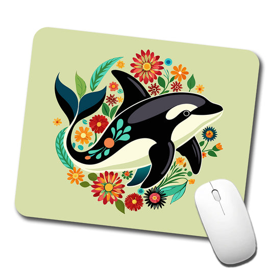 Orca Whale Floral Flowers Low Profile Mouse Pad Mat