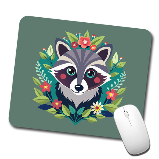Raccoon in Floral Wreath Low Profile Mouse Pad Mat