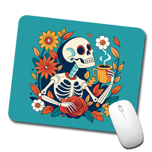 Skeleton Drinking Coffee Funny Floral Flowers Low Profile Mouse Pad Mat