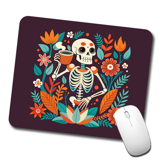 Skeleton Drinking Tea Funny Floral Flowers Low Profile Mouse Pad Mat