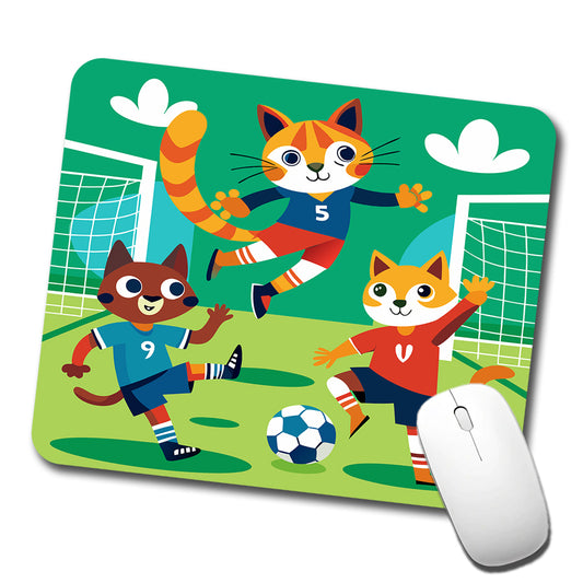 Soccer Cats Playing Ball Field Low Profile Mouse Pad Mat