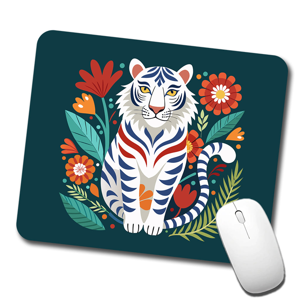 White Tiger Floral Flowers Low Profile Mouse Pad Mat