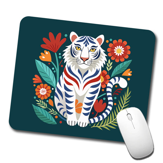 White Tiger Floral Flowers Low Profile Mouse Pad Mat