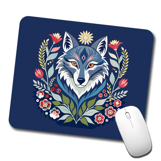Wolf Floral Flowers Low Profile Mouse Pad Mat