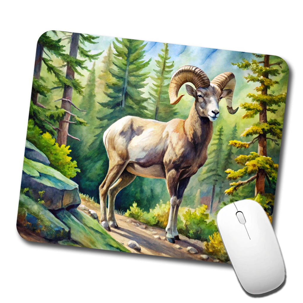 Bighorn Sheep In Forest Watercolor Low Profile Mouse Pad Mat