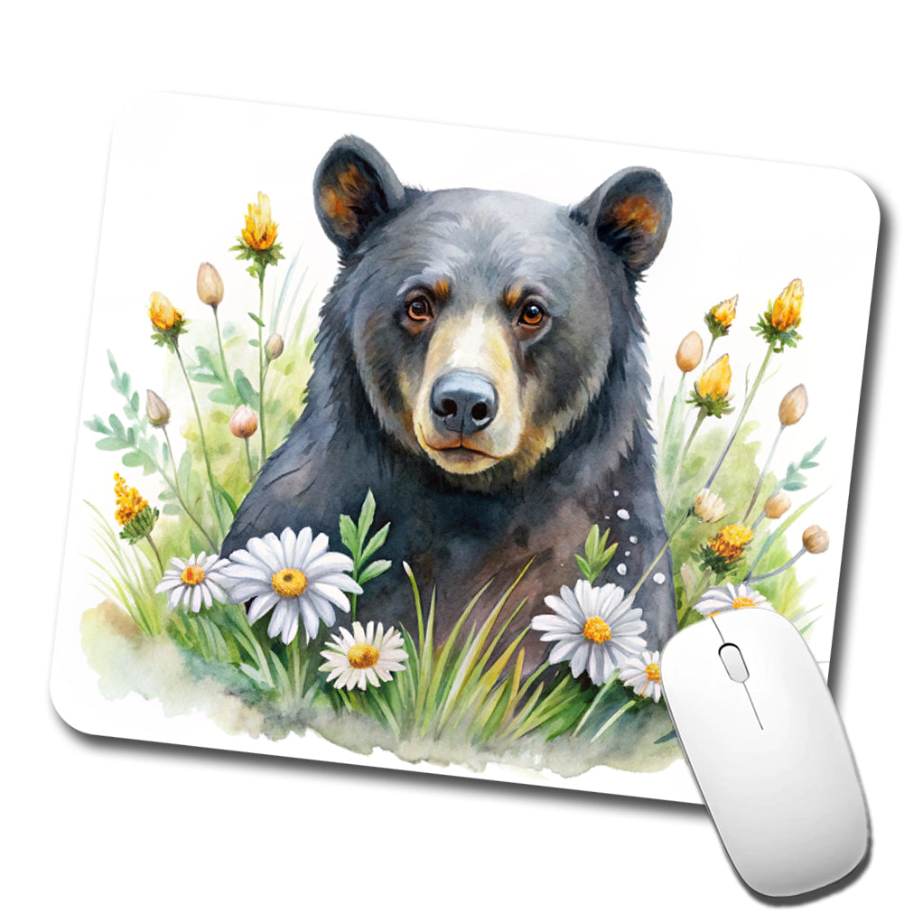 Black Bear Watercolor Design With Daisies Low Profile Mouse Pad Mat