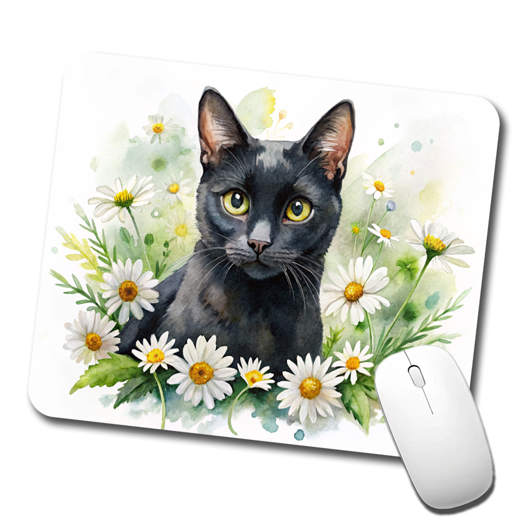 Black Cat Watercolor Design With Daisies Low Profile Mouse Pad Mat