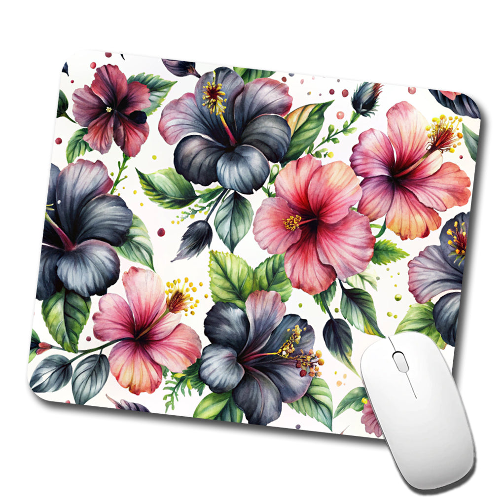 Black Pink Hibiscus Flowers Watercolor Low Profile Mouse Pad Mat