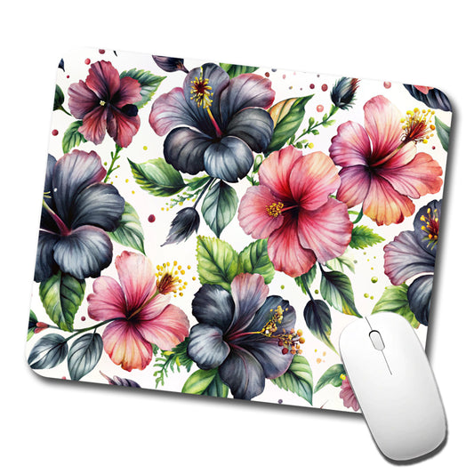 Black Pink Hibiscus Flowers Watercolor Low Profile Mouse Pad Mat