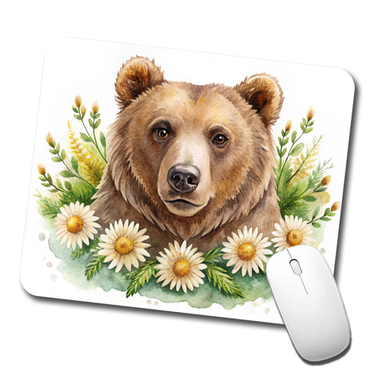 Brown Bear Watercolor Design With Daisies Low Profile Mouse Pad Mat