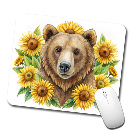 Brown Bear Watercolor Design With Sunflowers Low Profile Mouse Pad Mat