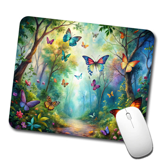Butterflies Forest Fantasy Watercolor Design Low Profile Mouse Pad Mat