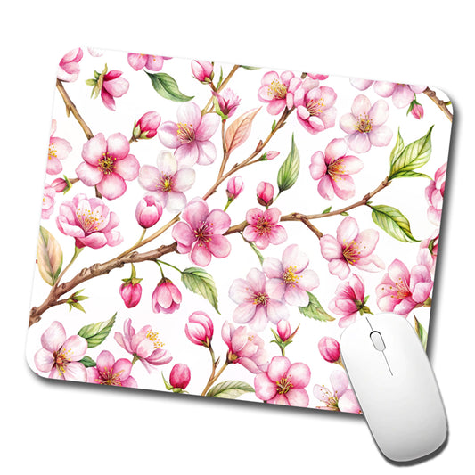 Cherry Blossom Flowers White Low Profile Mouse Pad Mat