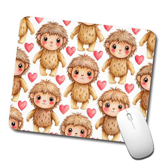 Chibi Sasquatch Big Foot Hearts Watercolor Low Profile Mouse Pad Mat