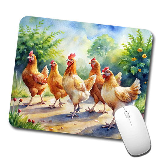 Chickens Walking Around Watercolor Low Profile Mouse Pad Mat