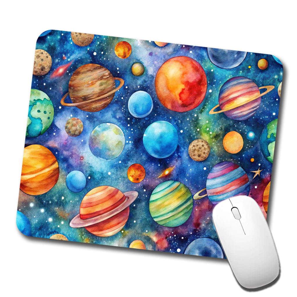 Colorful Planets In Space Watercolor Low Profile Mouse Pad Mat