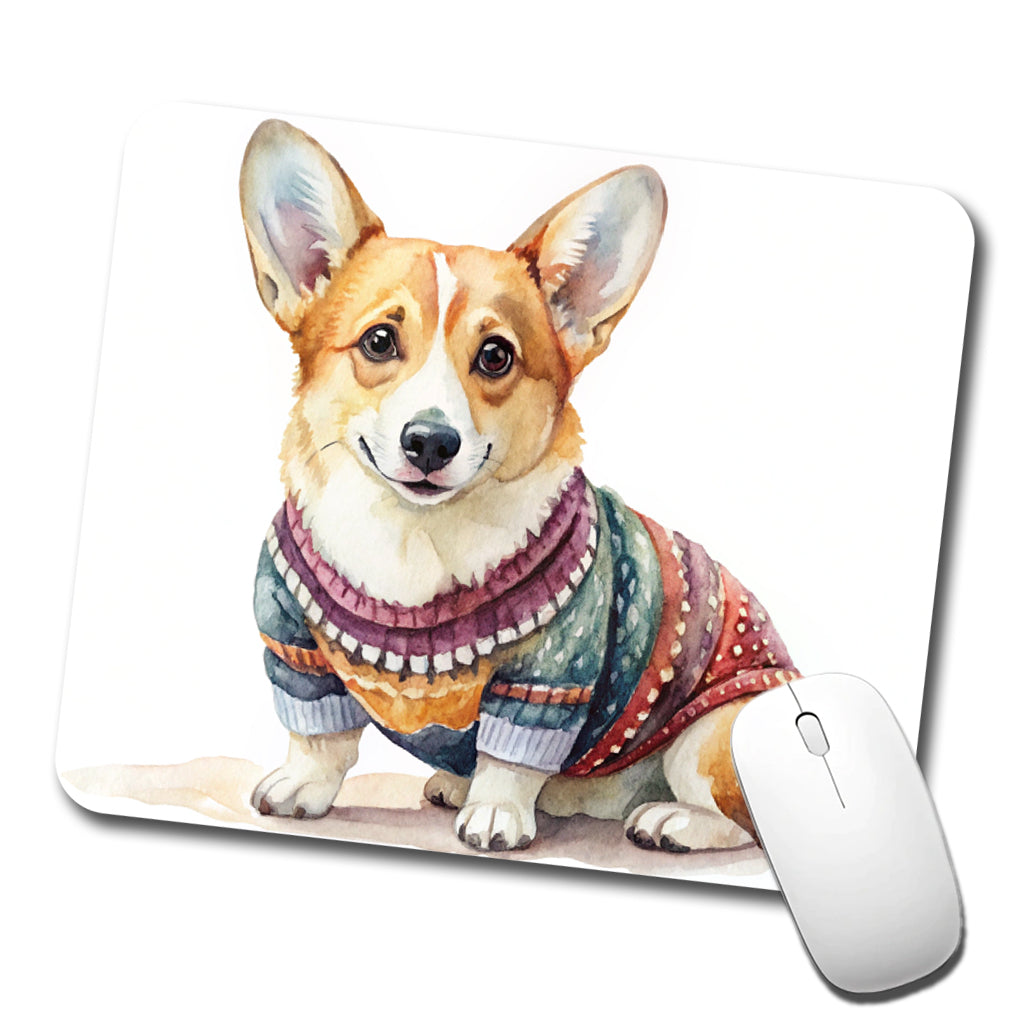 Corgi Dog Wearing A Sweater Watercolor Low Profile Mouse Pad Mat