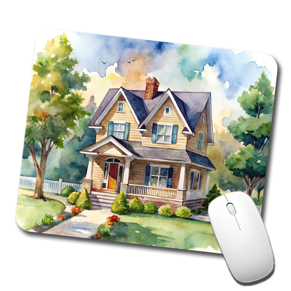 Country Farm House Painting Watercolor Low Profile Mouse Pad Mat