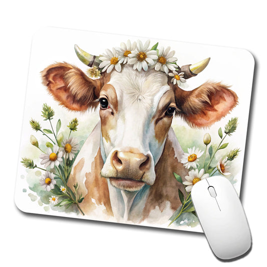 Cow Watercolor With Daisies Low Profile Mouse Pad Mat