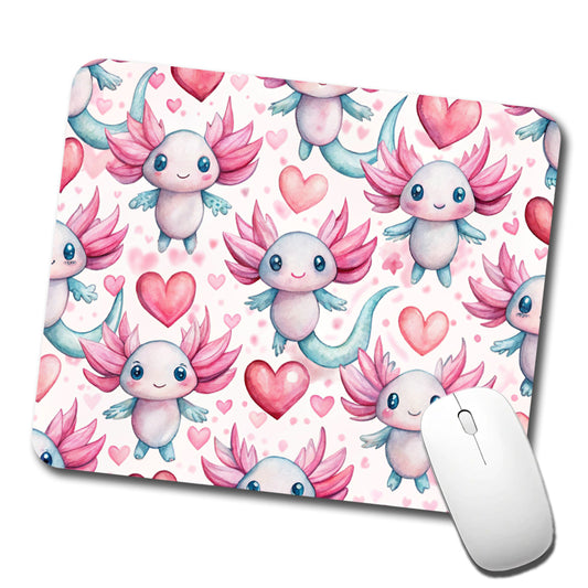 Cute Axolotls Hearts Watercolor Low Profile Mouse Pad Mat
