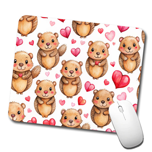 Cute Beavers Hearts Watercolor Low Profile Mouse Pad Mat