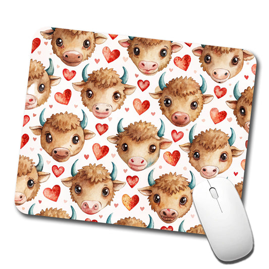 Cute Bison Faces Hearts Watercolor Low Profile Mouse Pad Mat