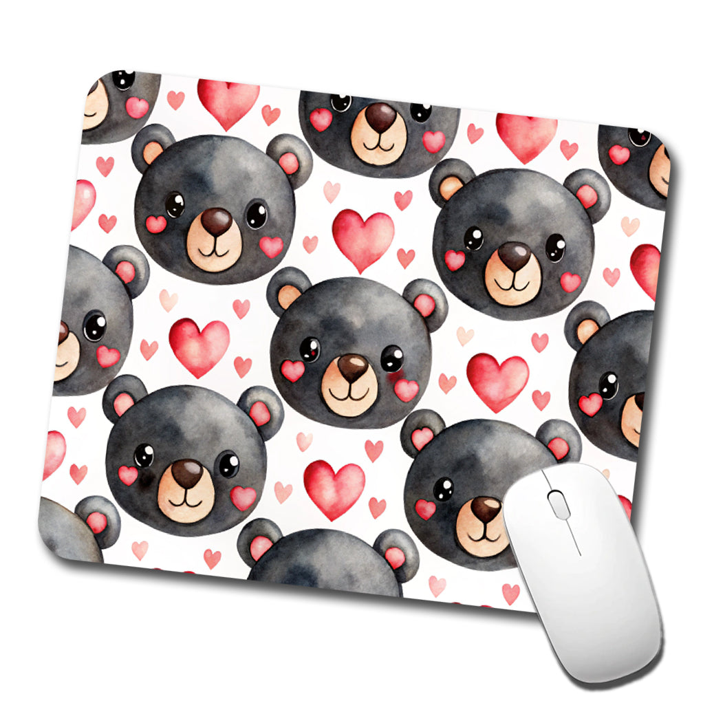 Cute Black Bear Faces Hearts Low Profile Mouse Pad Mat