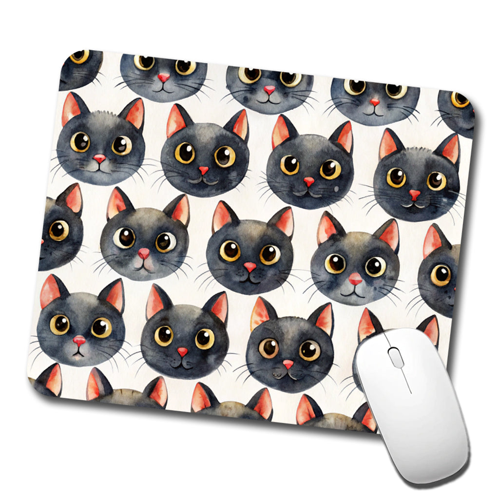 Cute Black Cat Faces Watercolor Low Profile Mouse Pad Mat