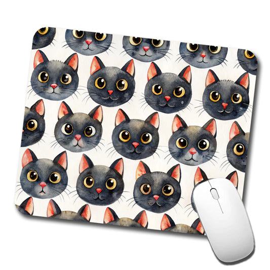 Cute Black Cat Faces Watercolor Low Profile Mouse Pad Mat
