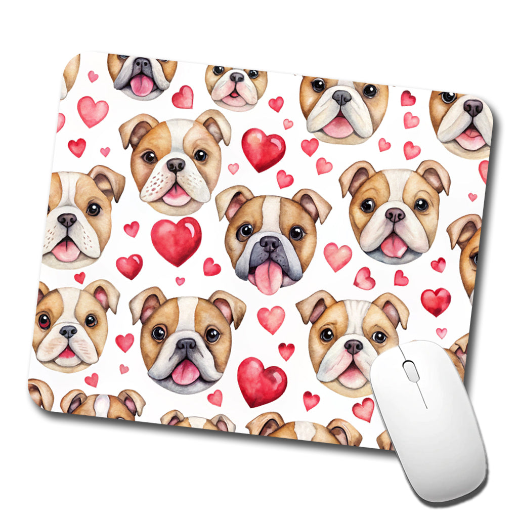 Cute Bulldog Dog Faces Hearts Low Profile Mouse Pad Mat