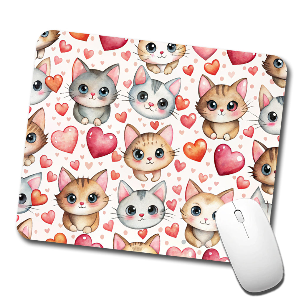 Cute Cats Hearts Watercolor Low Profile Mouse Pad Mat