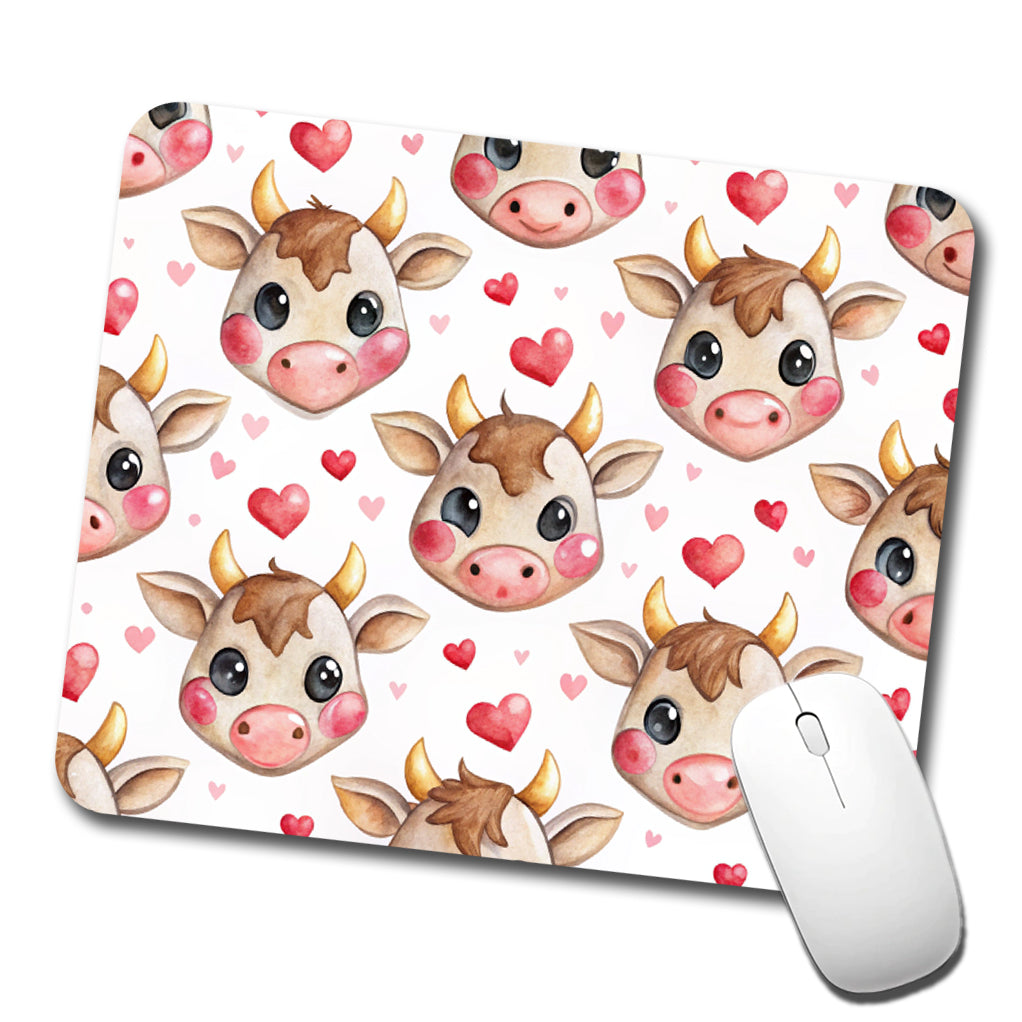 Cute Cow Faces Hearts Watercolor Low Profile Mouse Pad Mat