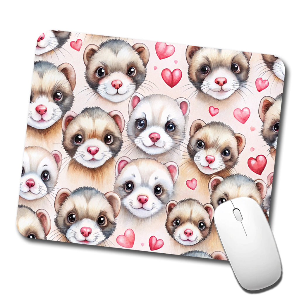 Cute Ferret Faces Hearts Watercolor Low Profile Mouse Pad Mat