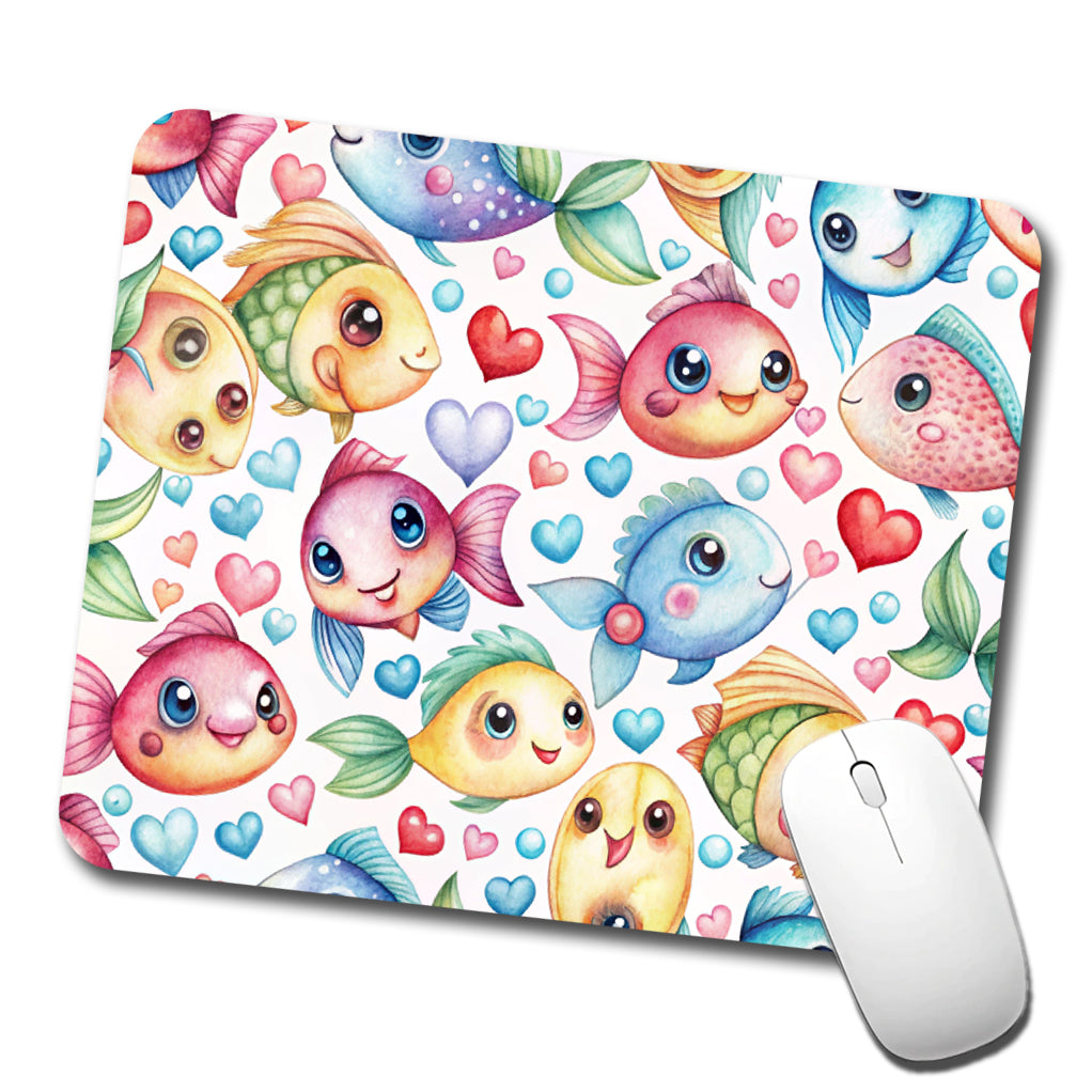 Cute Fish Faces Hearts Watercolor Low Profile Mouse Pad Mat