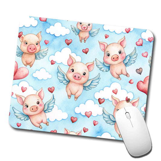 Cute Flying Pigs Hearts Watercolor Low Profile Mouse Pad Mat