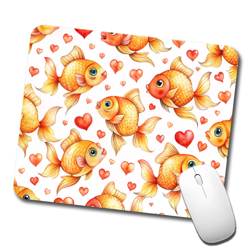 Cute Gold Fish Hearts Watercolor Low Profile Mouse Pad Mat