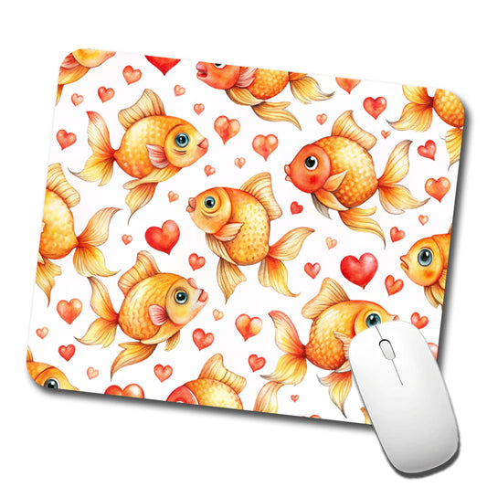 Cute Gold Fish Hearts Watercolor Low Profile Mouse Pad Mat