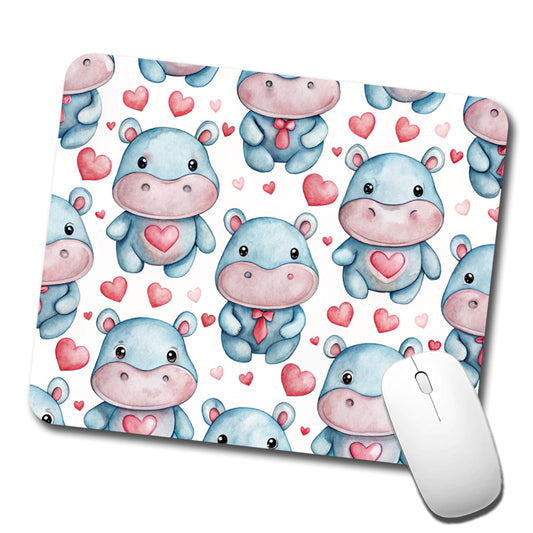 Cute Hippopotamus Hearts Watercolor Low Profile Mouse Pad Mat