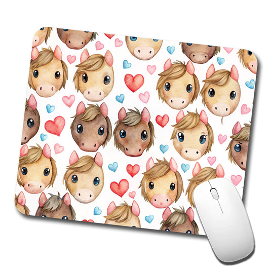 Cute Horse Faces Hearts Watercolor Low Profile Mouse Pad Mat