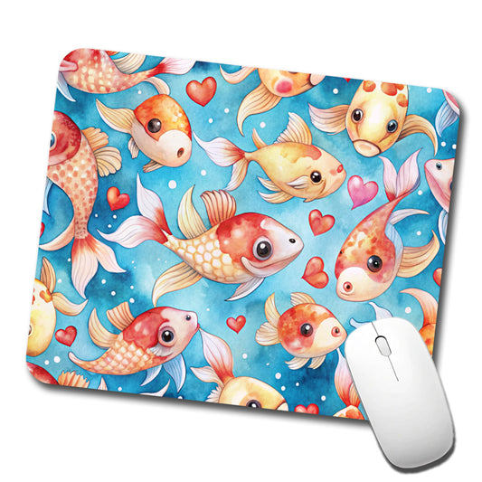 Cute Koi Fishes Hearts Watercolor Low Profile Mouse Pad Mat