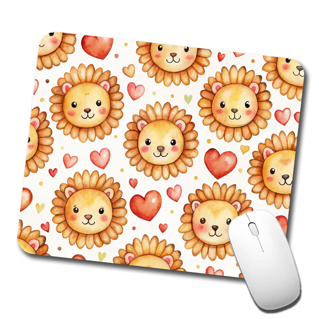 Cute Lion Faces Hearts Watercolor Low Profile Mouse Pad Mat
