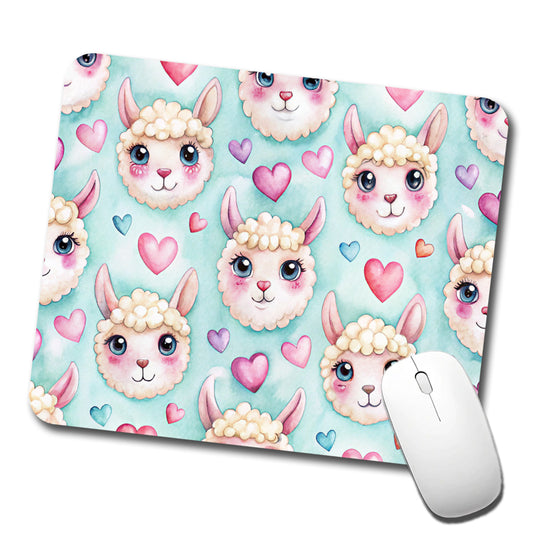 Cute Llama Faces Hearts Watercolor Low Profile Mouse Pad Mat