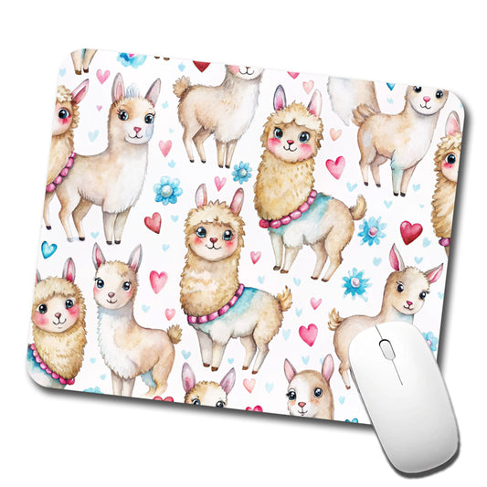 Cute Llamas Hearts Watercolor Low Profile Mouse Pad Mat