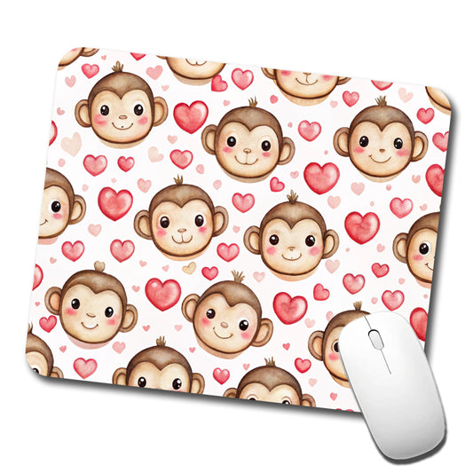 Cute Monkey Faces Hearts Watercolor Low Profile Mouse Pad Mat
